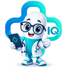 The MedSmartIQ mascot — a friendly pill-shaped character wearing glasses and a white coat, holding a phone
