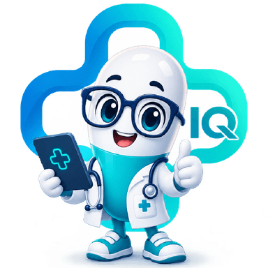 The MedSmartIQ mascot — a friendly pill-shaped character wearing glasses and a white coat, holding a phone