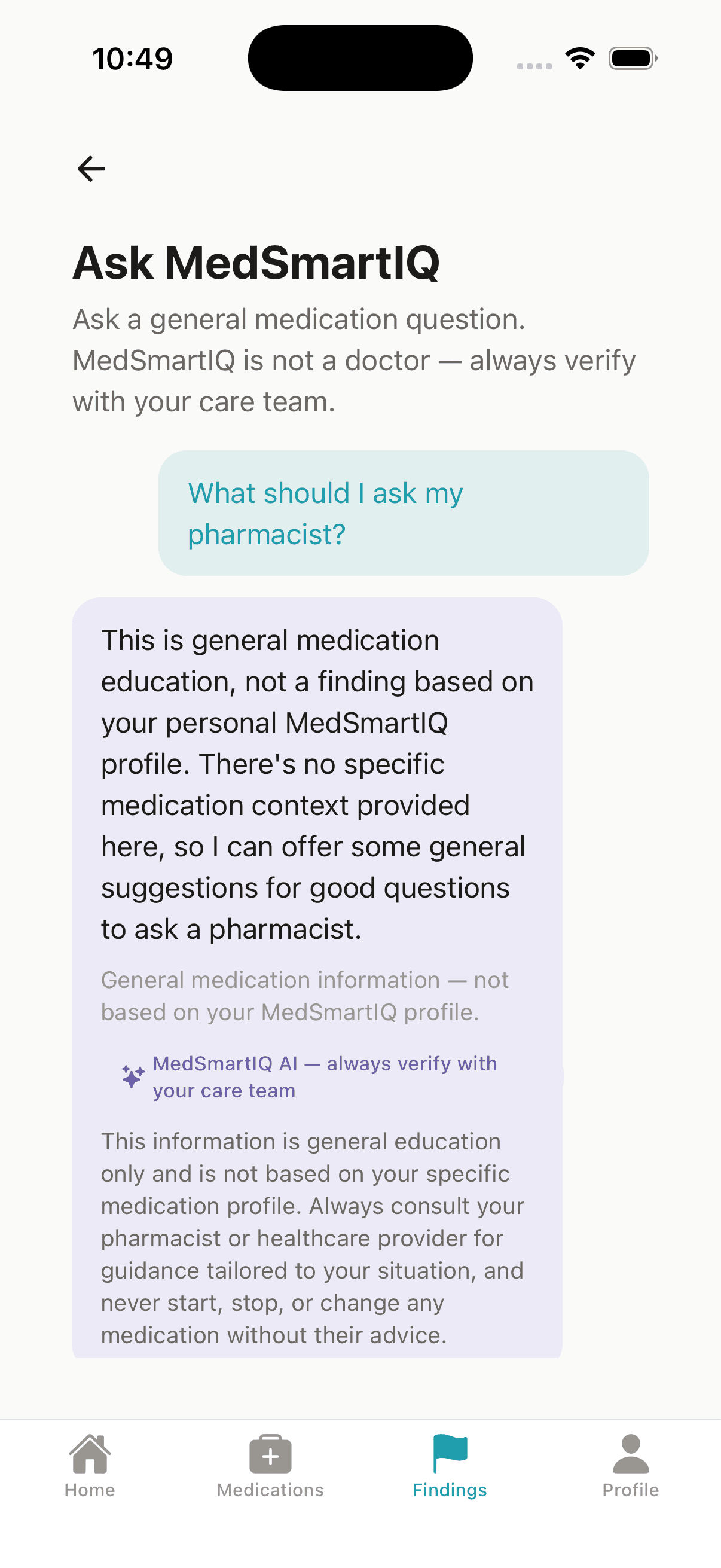 A real MedSmartIQ AI answer, labeled as general medication information with a reminder to verify with your care team.