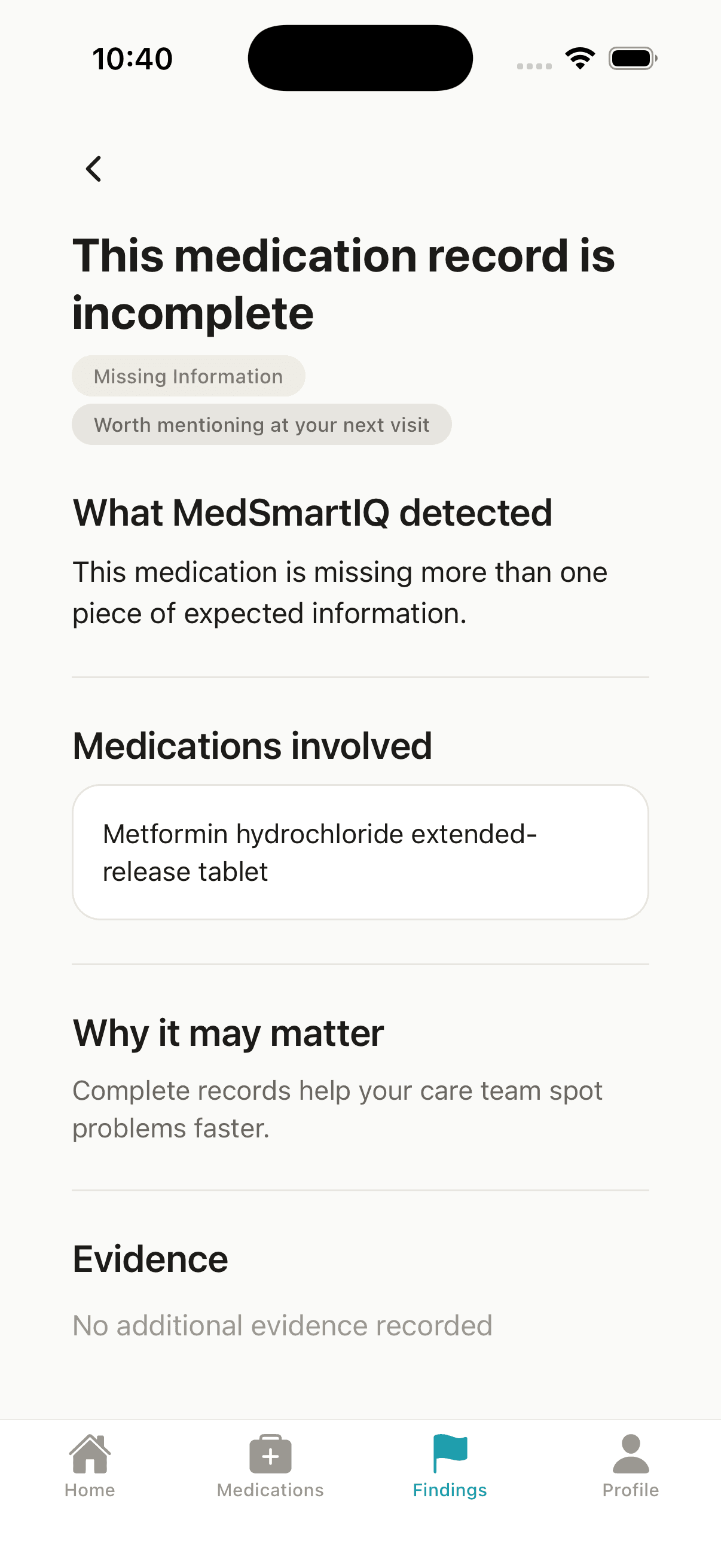 A real MedSmartIQ finding detail screen, showing what was detected, the medications involved, why it may matter, and supporting evidence.