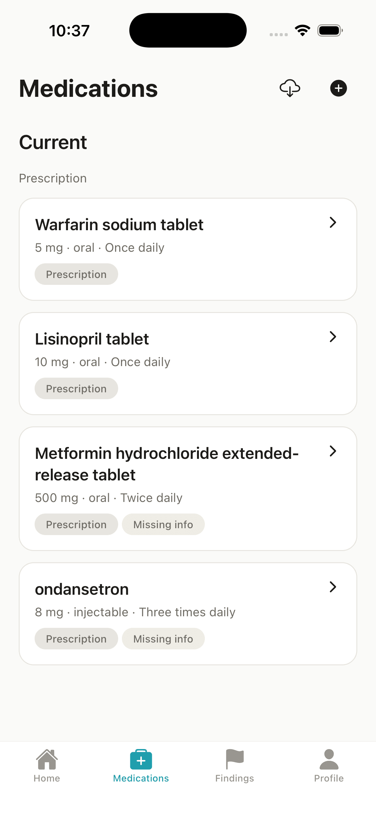 The real MedSmartIQ medication list, showing four medications grouped by type with confirmation status badges.